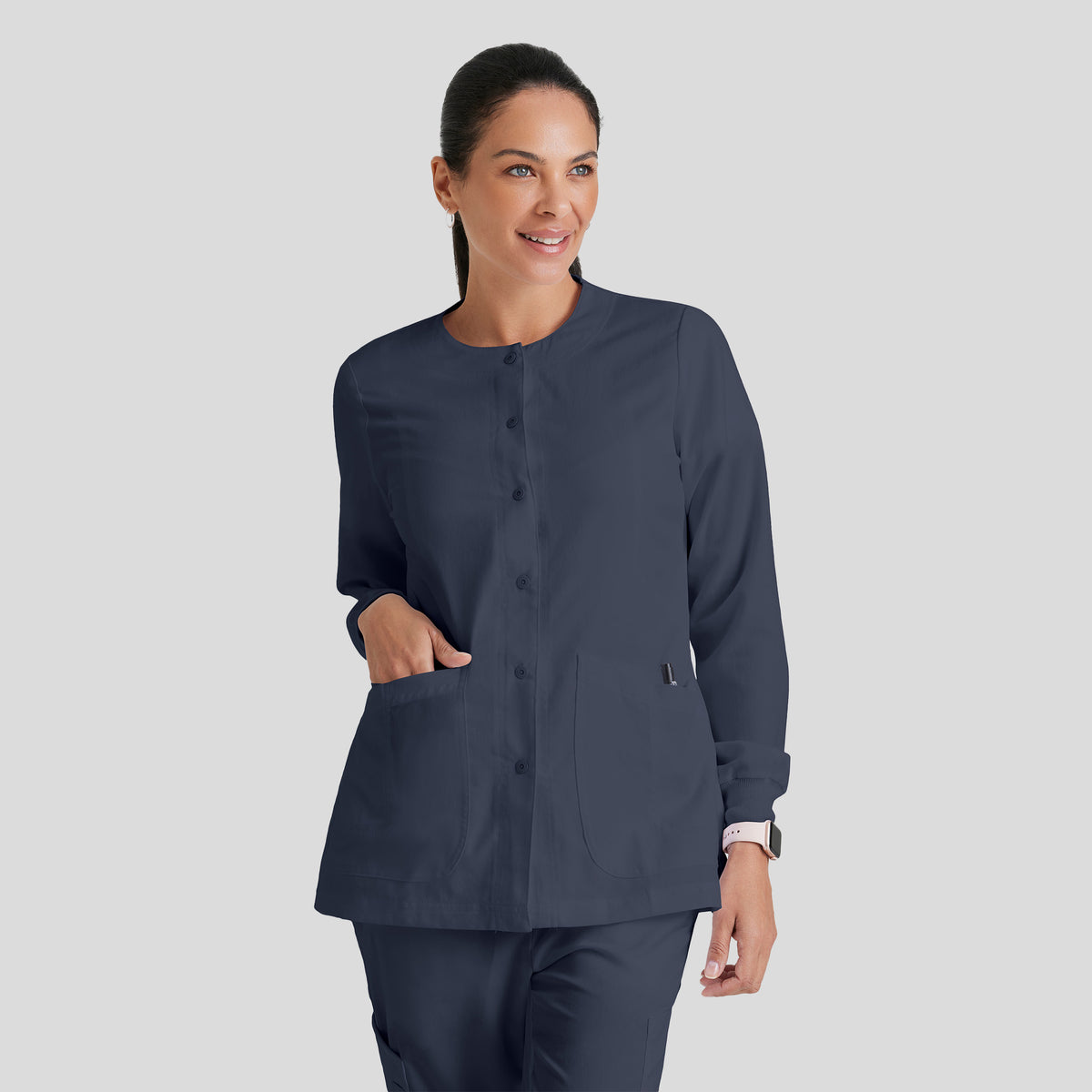 Jamie 4-Pocket Crewneck Snap-Front Scrub Jacket | Steel