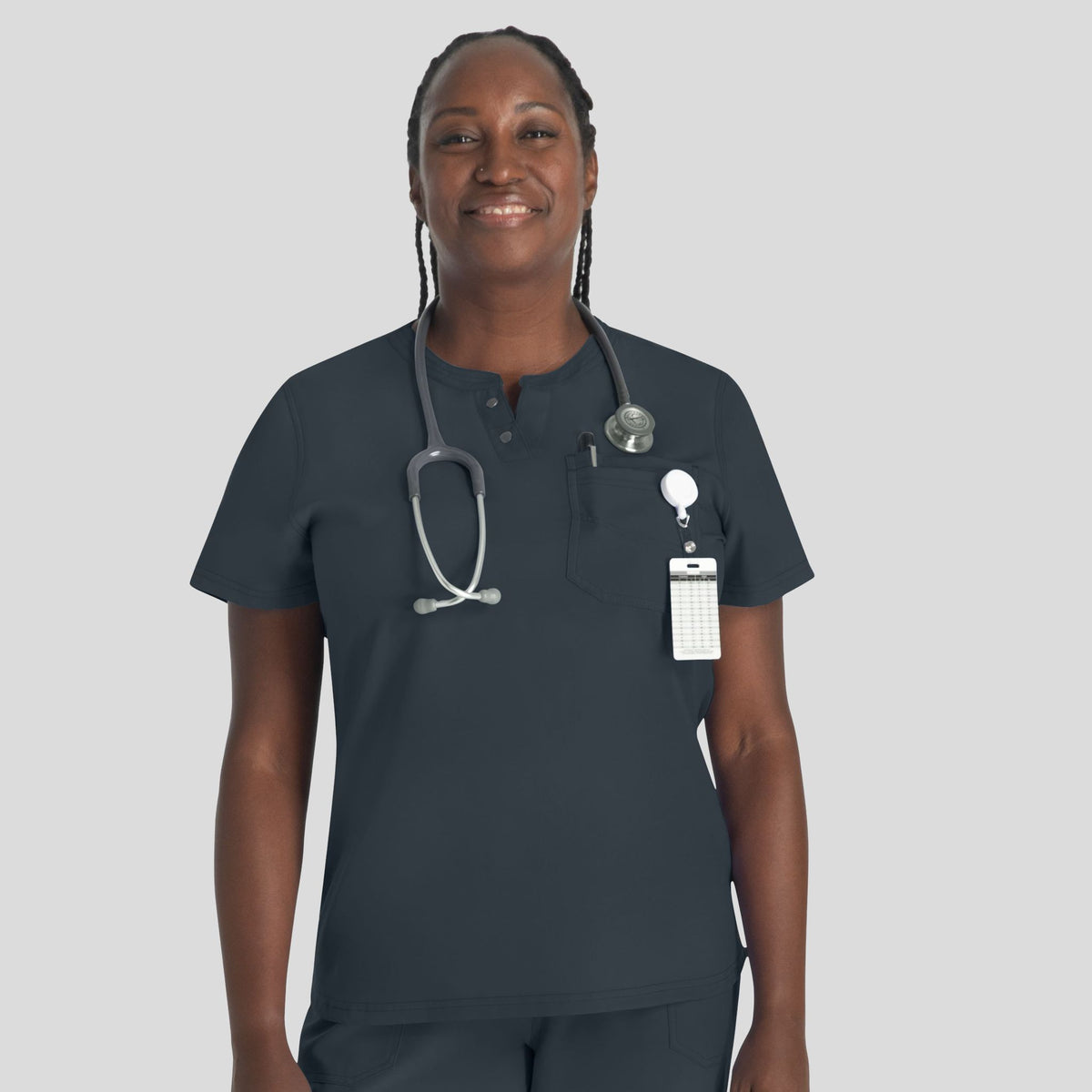 Women's Round Neck Henley Scrub Top | Pewter
