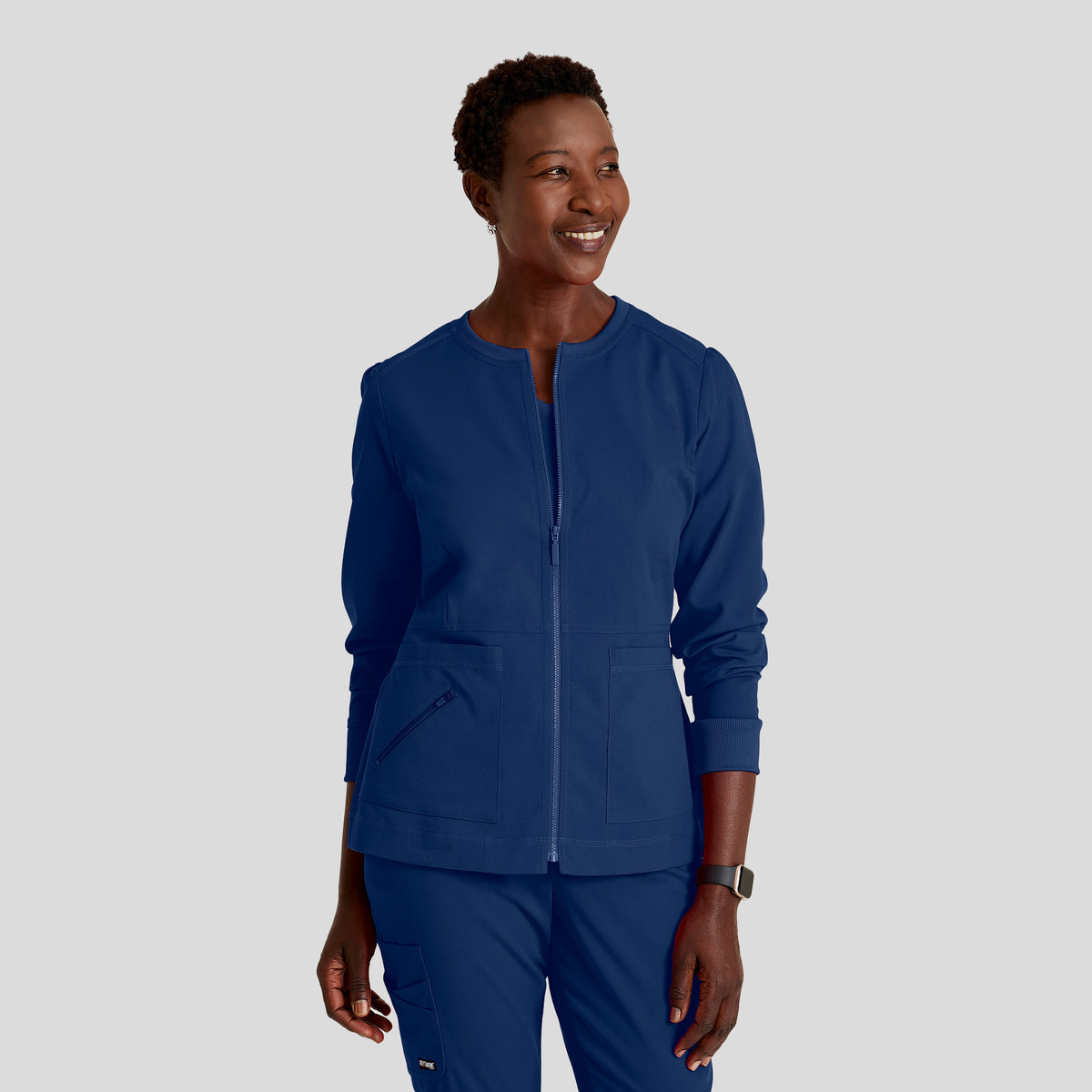 Millie 3-Pocket Crewneck Scrub Jacket | Inidgo