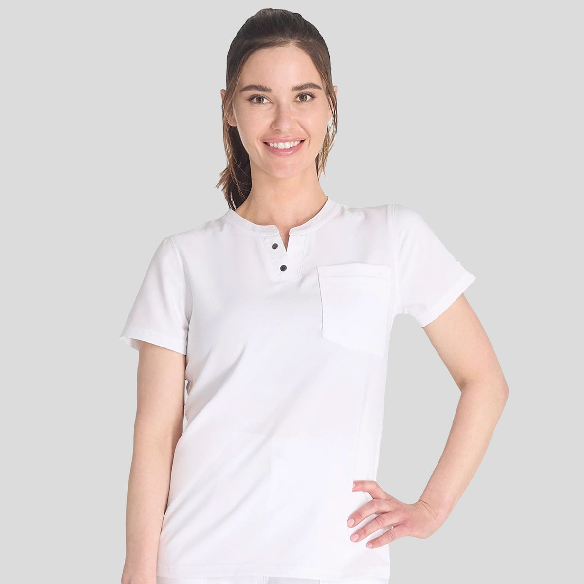 Women's Round Neck Henley Scrub Top | White