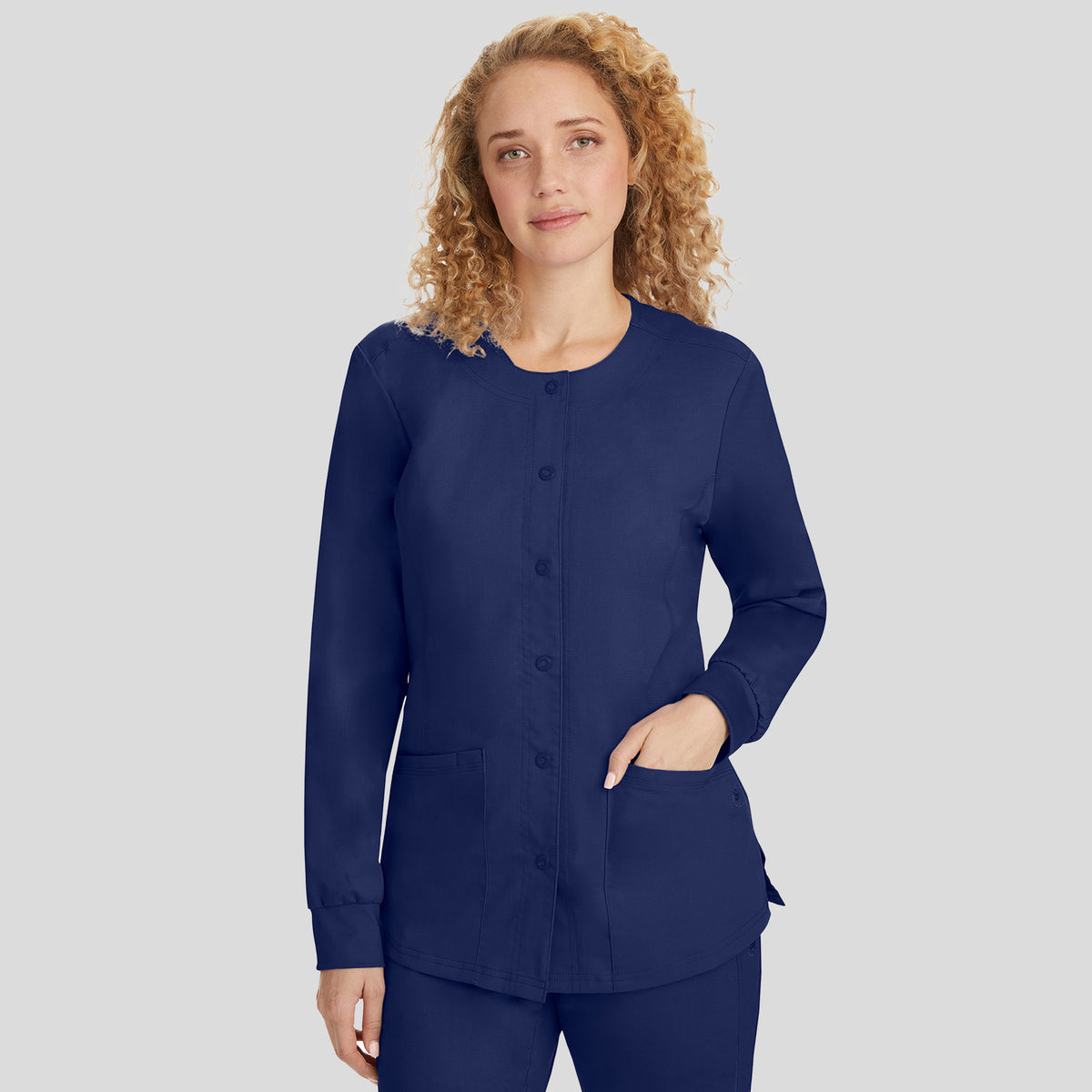 Daisy Snap Front Warm-Up Solid Scrub Jacket | Navy