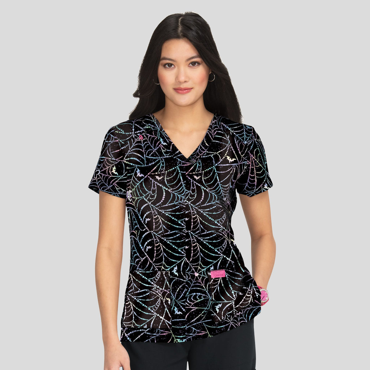 Betsey Johnson Bell Women's 2-Pocket Print Scrub Top | Dazzling Webs